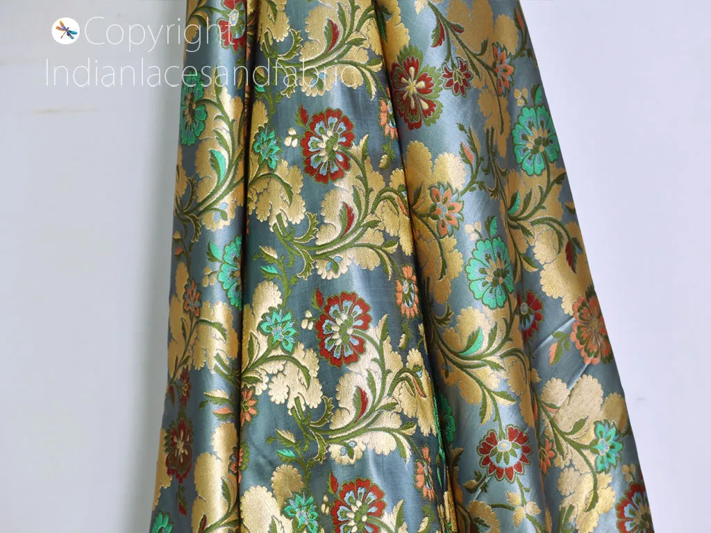 Grey Indian brocade fabric by the yard banarasi bridal silk party wear gown crafting sewing home décor upholstery drapery jacket boutique material cushion cover table runner fabric