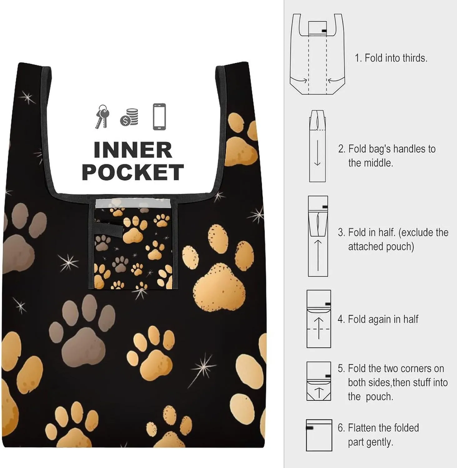 Grocery Bag Reusable Tote Bag Foldable Dog Paw Print Shopping Bag Handbag Washable Shoulder Bag for Travel