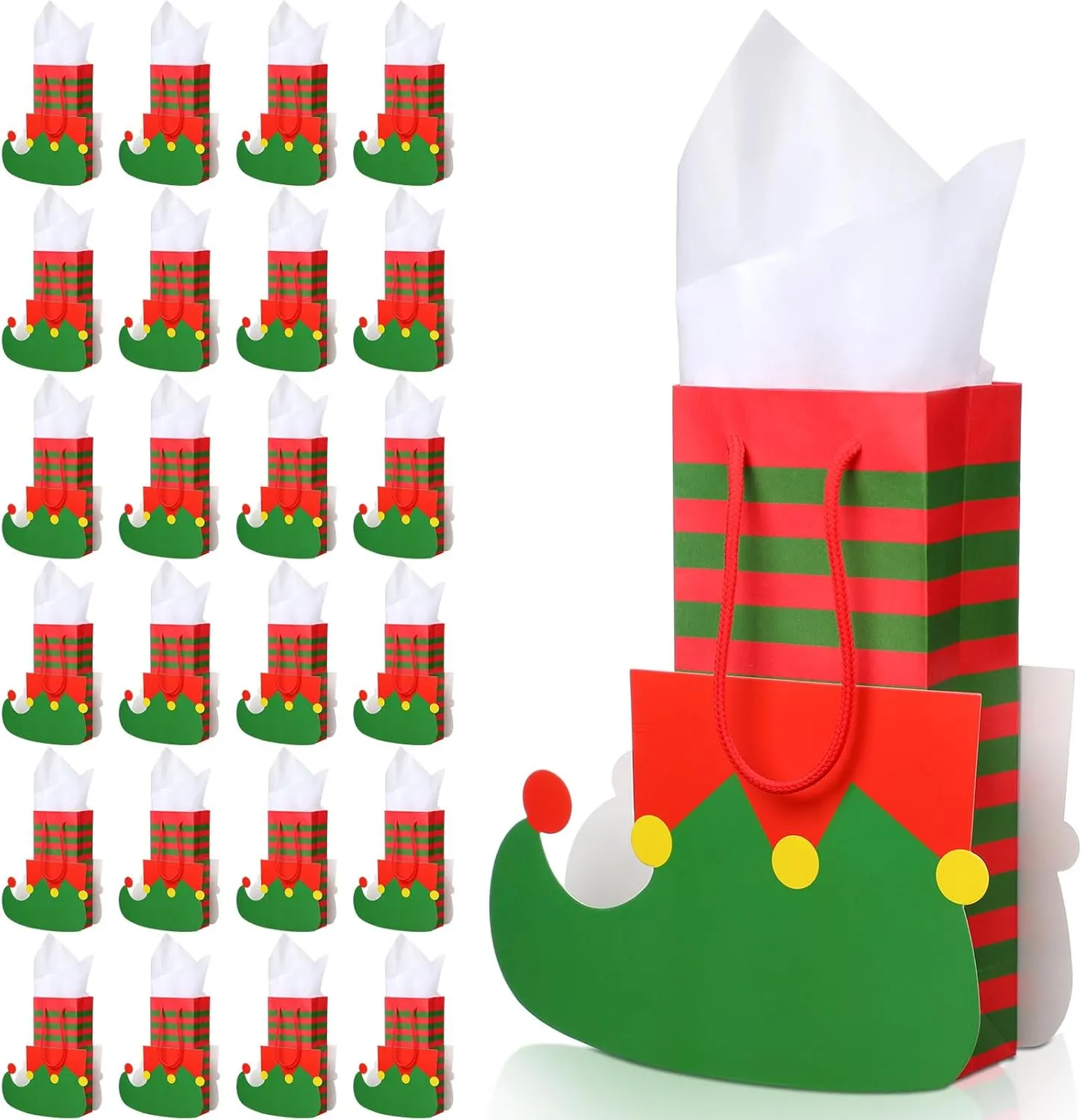 Gueevin 24 Pcs Elf Boots Christmas Paper Gift Bags with Tissues and Handles - Elf Stocking Treat Bags for Cookie Candy Xmas Party Favors