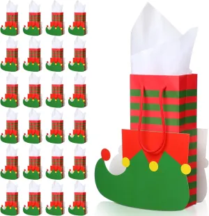 Gueevin 24 Pcs Elf Boots Christmas Paper Gift Bags with Tissues and Handles - Elf Stocking Treat Bags for Cookie Candy Xmas Party Favors