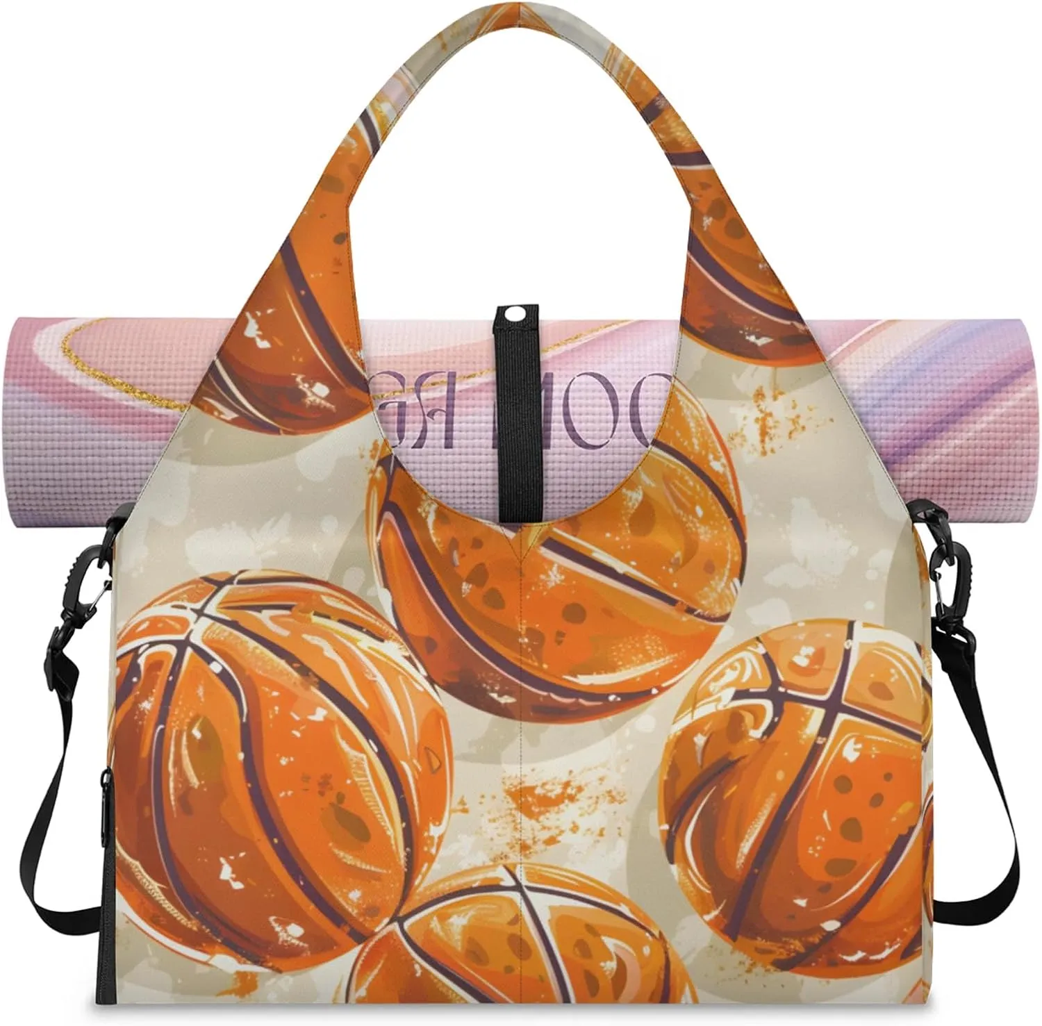 Gym Bag for Women Basketball Print Duffel Bag with Shoe Compartment and Yoga Mat Holder Portable Weekender Bags Travel Tote Bags