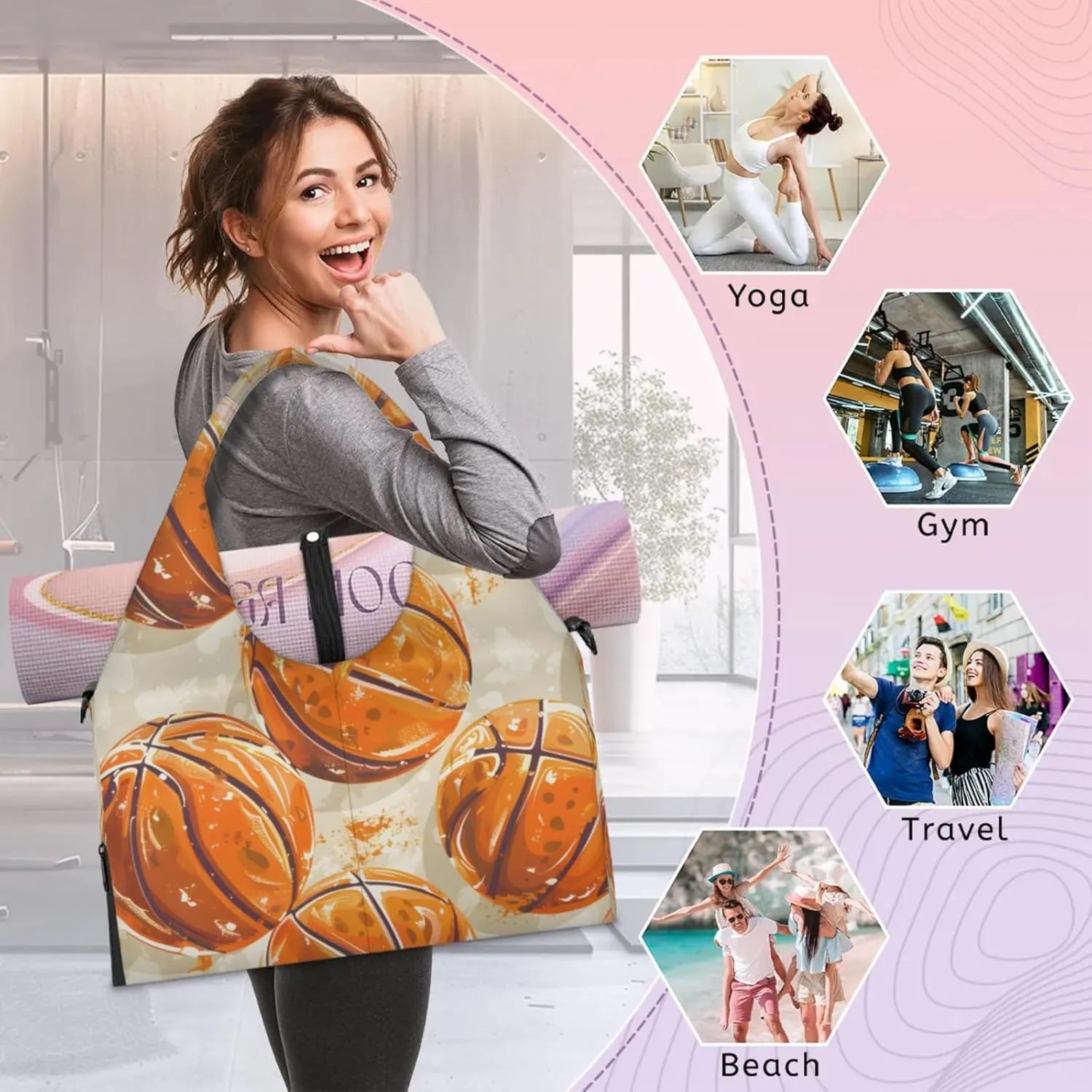 Gym Bag for Women Basketball Print Duffel Bag with Shoe Compartment and Yoga Mat Holder Portable Weekender Bags Travel Tote Bags