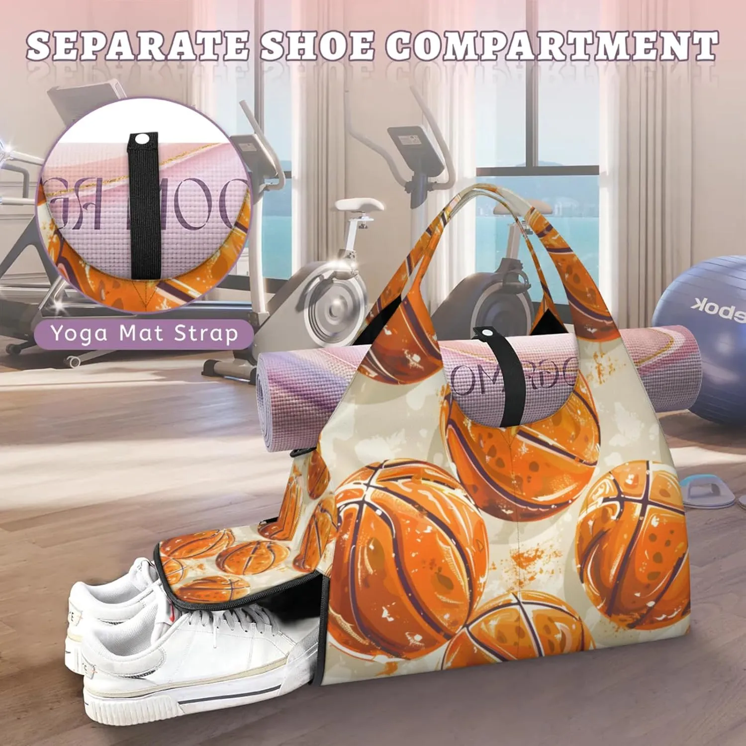 Gym Bag for Women Basketball Print Duffel Bag with Shoe Compartment and Yoga Mat Holder Portable Weekender Bags Travel Tote Bags