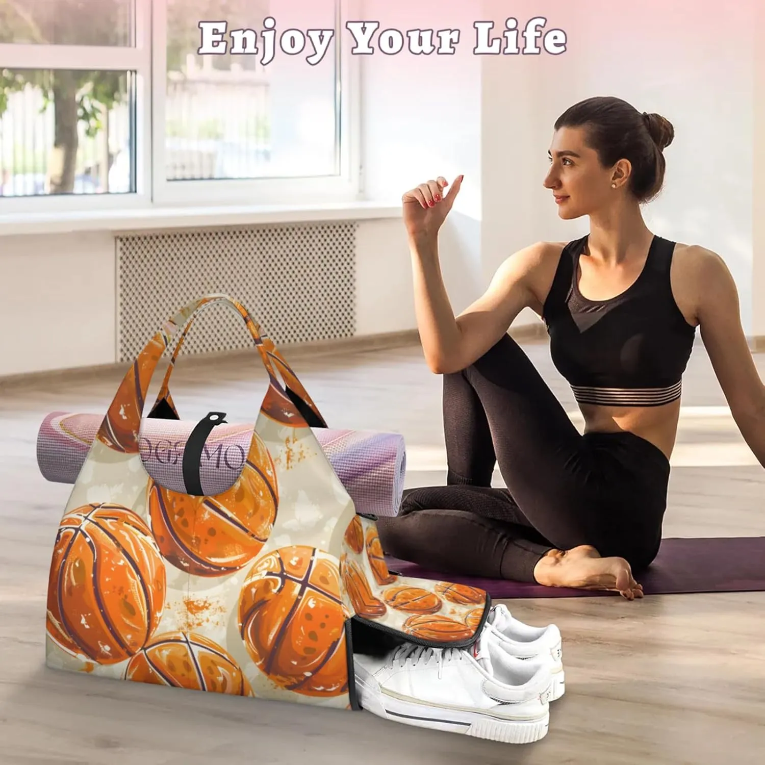 Gym Bag for Women Basketball Print Duffel Bag with Shoe Compartment and Yoga Mat Holder Portable Weekender Bags Travel Tote Bags