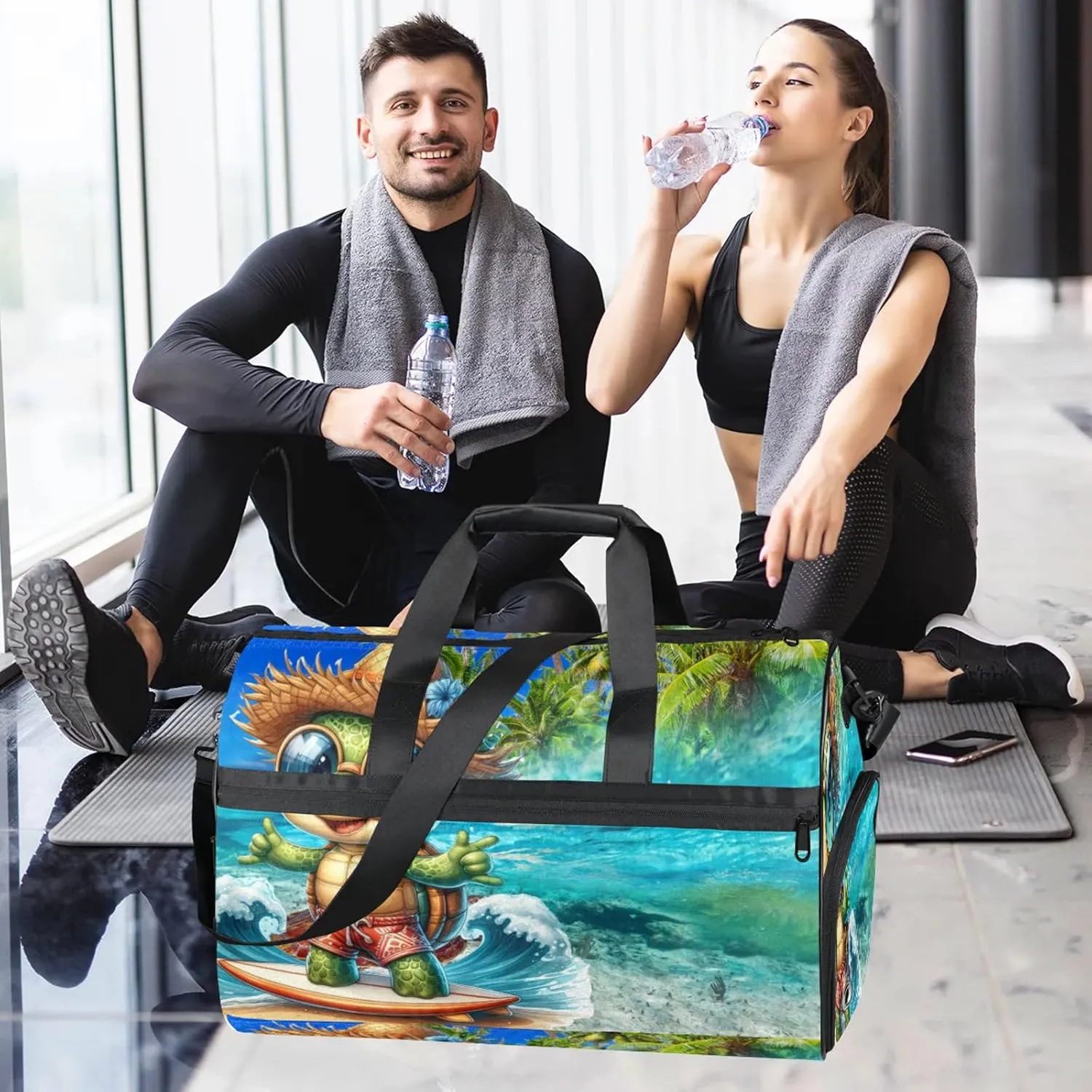 Gym Bag for Women Men Palm Tree Ocean Animal Travel Duffle Bag with Shoe Compartment Waterproof Sports Tote Bags Large Overnight Weekender Bags for Travel Swimming Gym Yoga Dance