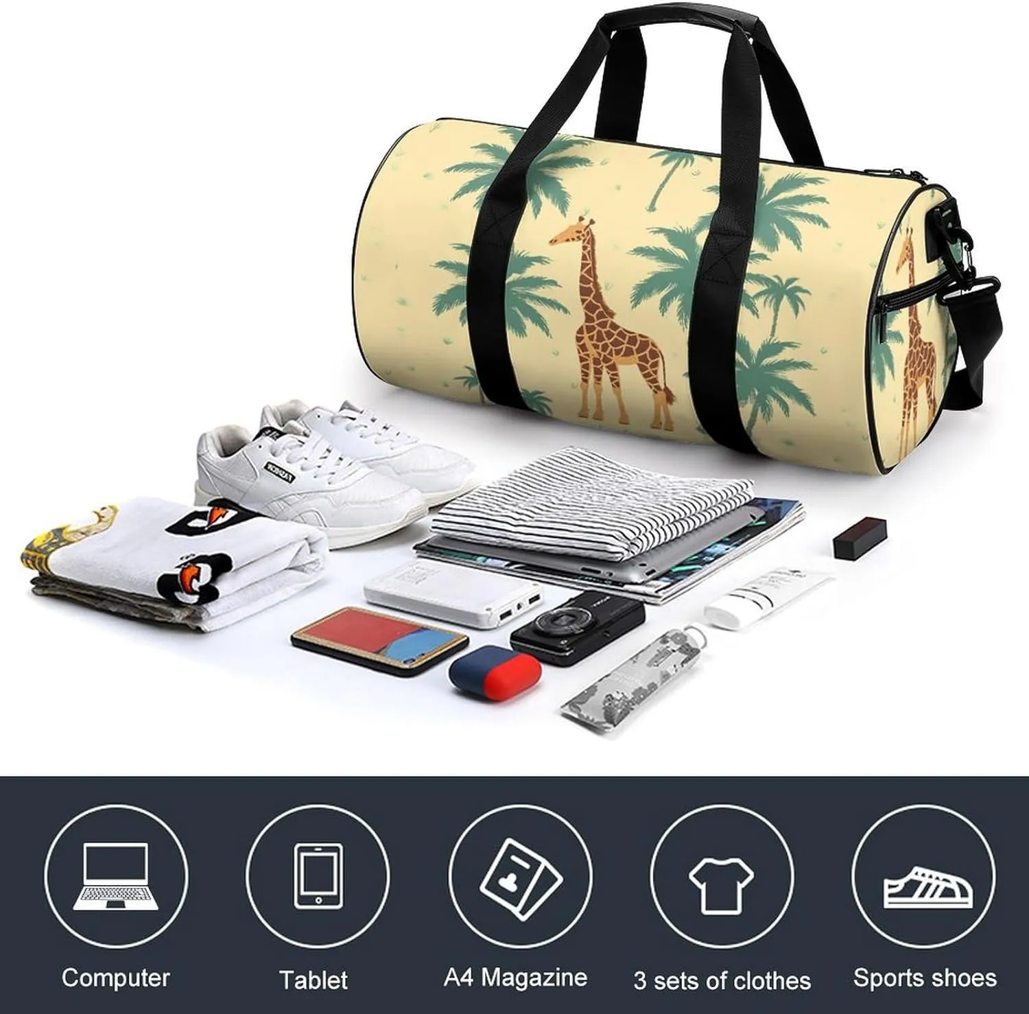 Gym Bag Giraffe Palm Tree Duffel Bag for Men Women Overnight Bag with Shoe Compartment Workout Bags