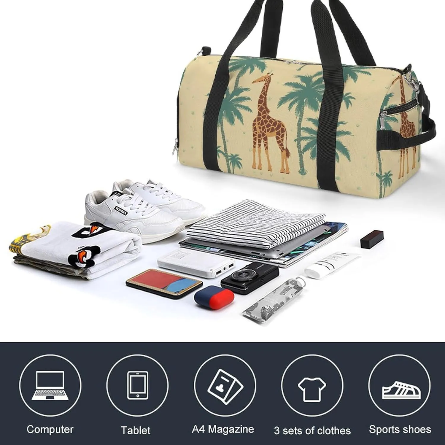 Gym Bag Giraffe Palm Tree Duffel Bag for Men Women Overnight Bag with Shoe Compartment Workout Bags
