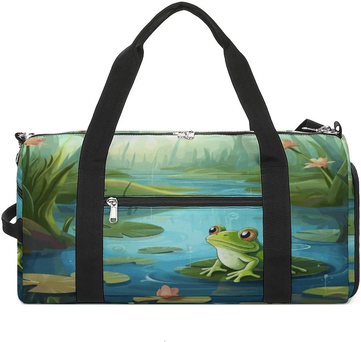 Gym Bags for Men Women,Frog in A Pond Print Workout Bag with Shoes Compartment,Sports Duffle Bag,Travel Gym Bag,Carry On Weekender Bag