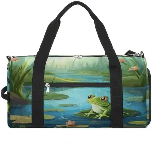 Gym Bags for Men Women,Frog in A Pond Print Workout Bag with Shoes Compartment,Sports Duffle Bag,Travel Gym Bag,Carry On Weekender Bag