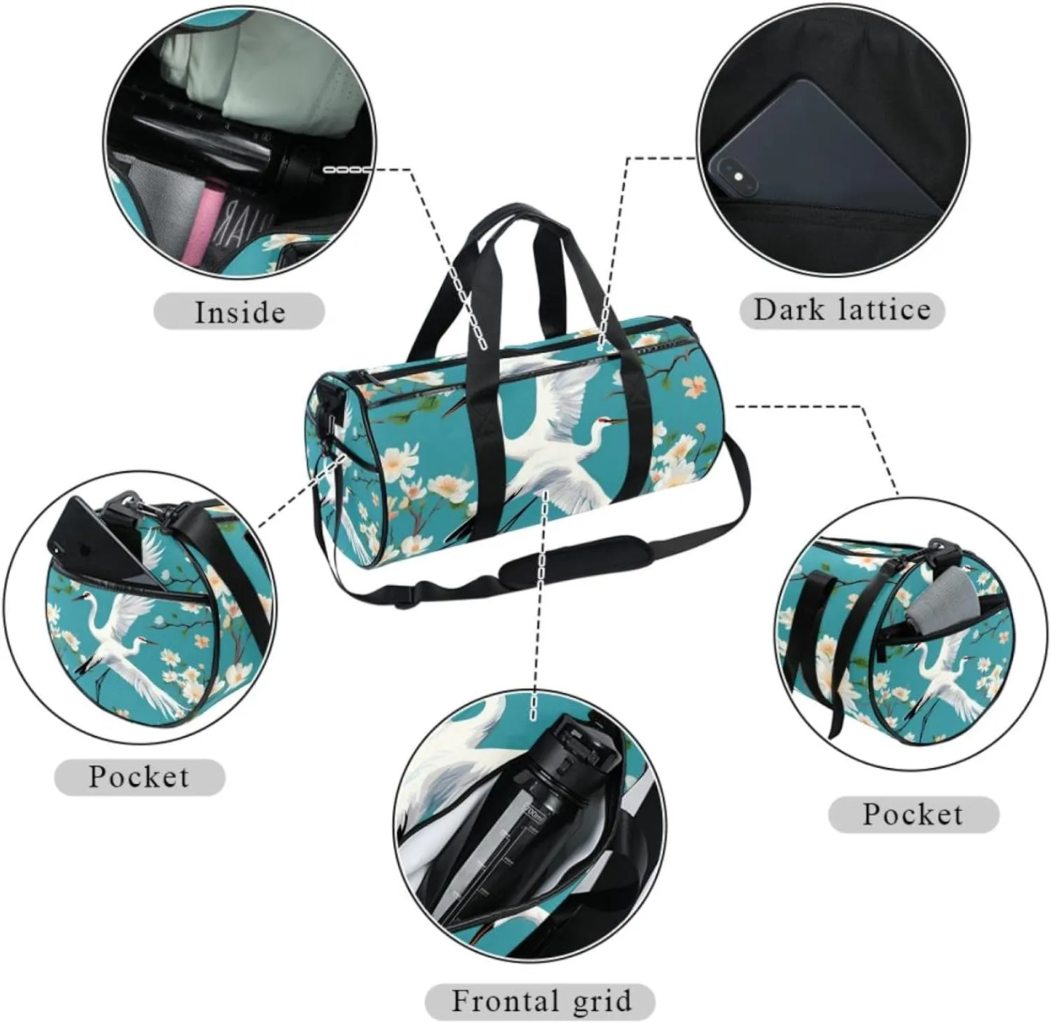 Gym Bags for Women,Duffle Bag for Travel,Crane Floral Green Background,Gym Bag for Men