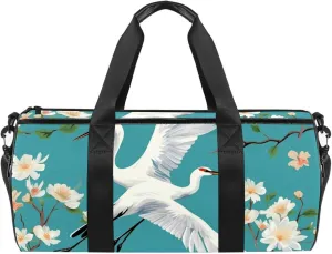 Gym Bags for Women,Duffle Bag for Travel,Crane Floral Green Background,Gym Bag for Men
