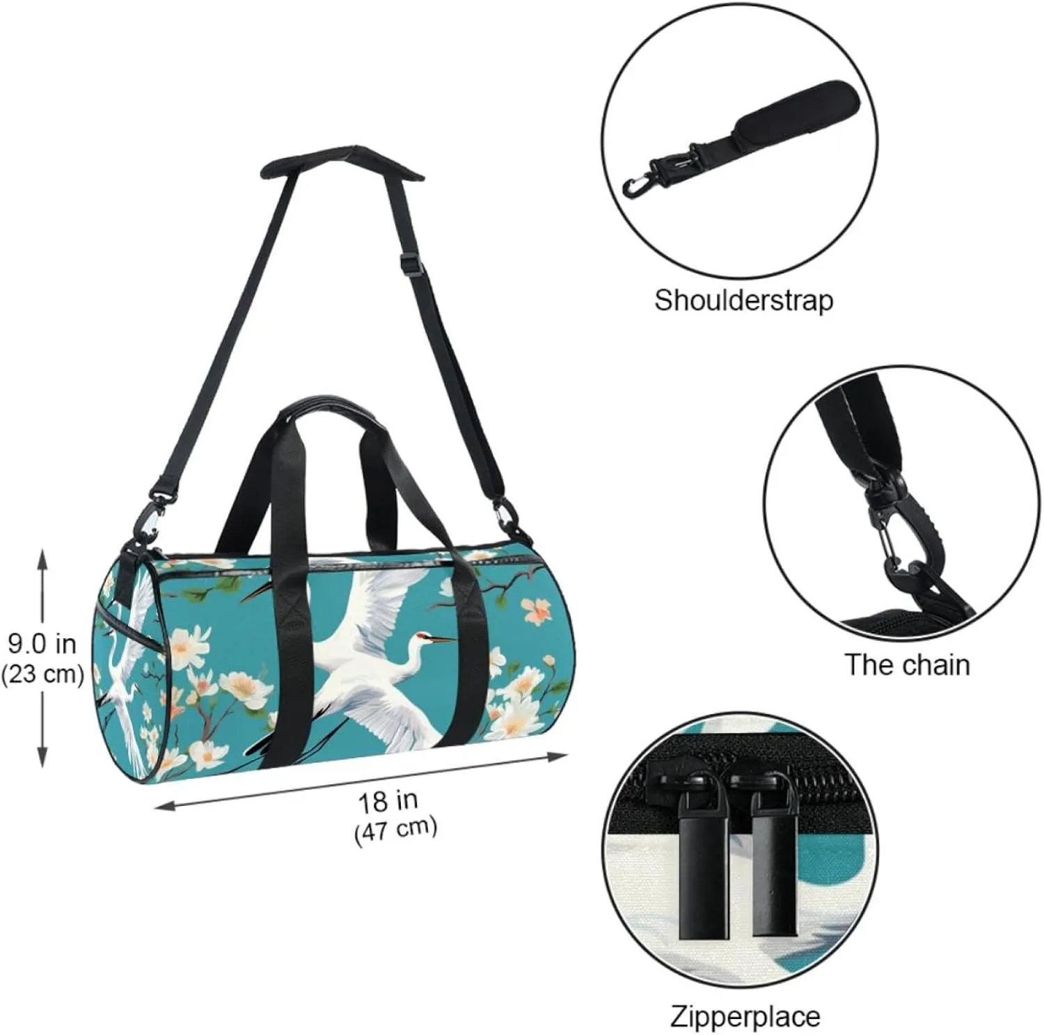 Gym Bags for Women,Duffle Bag for Travel,Crane Floral Green Background,Gym Bag for Men