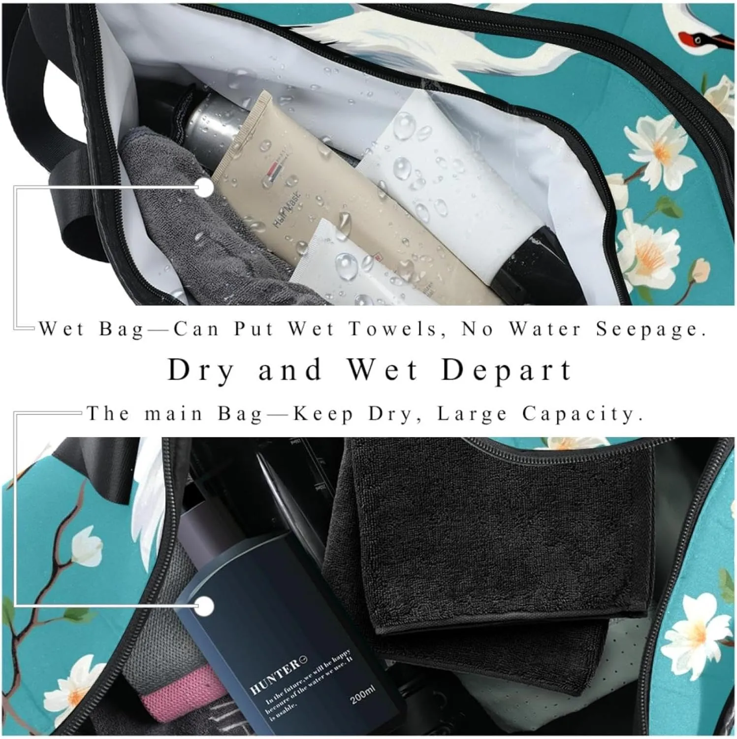 Gym Bags for Women,Duffle Bag for Travel,Crane Floral Green Background,Gym Bag for Men