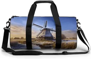 Gym Duffle Bag,Traditional Windmill Print Sport Gym Bag,cylindrical Fitness Bag,duffle Travel Bag for Men Women