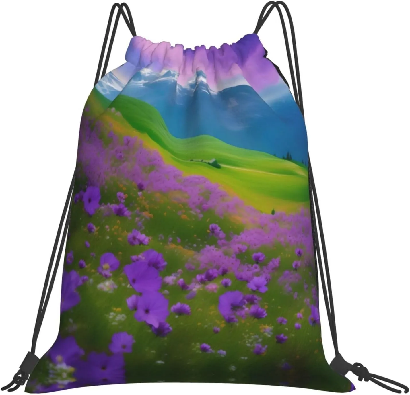 Gym Nature Purple Flowers Meadow Mountain Scenic Print Drawstring Bag - Lightweight Nylon Sport Sackpack for Travel, Yoga, Dance, Hiking, Basketball, and More