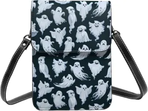 Halloween cartoon white evil ghost black Crossbody Cell Phone Purse for Women Girls Leather Mini Cross Body Bags Small Shoulder Bags