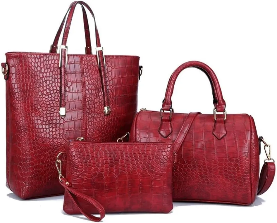 Handbag for Women Leather Shoulder Crocodile Print Top-handle Work Crossbody Purse Shopper Satchel 3Pcs Set