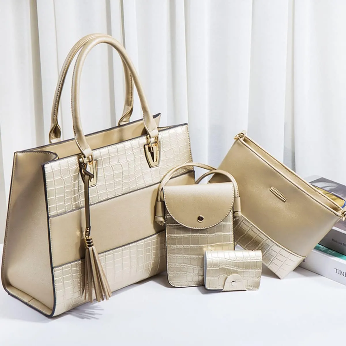 Handbags and Purses for Women Crocodile Pattern Shoulder Bag Tassel Satchel Fashion Top Handle Bag Tote Set 4pcs, Gold