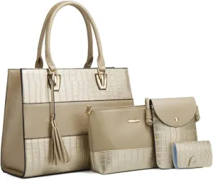 Handbags and Purses for Women Crocodile Pattern Shoulder Bag Tassel Satchel Fashion Top Handle Bag Tote Set 4pcs, Gold
