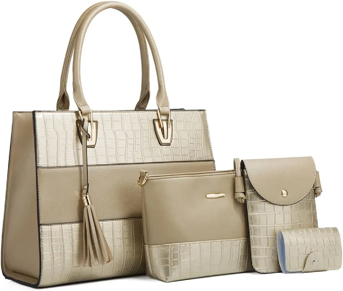 Handbags and Purses for Women Crocodile Pattern Shoulder Bag Tassel Satchel Fashion Top Handle Bag Tote Set 4pcs, Gold