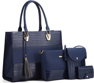 Handbags and Purses for Women Crocodile Pattern Shoulder Bag Tassel Satchel Fashion Top Handle Bag Tote Set 4pcs