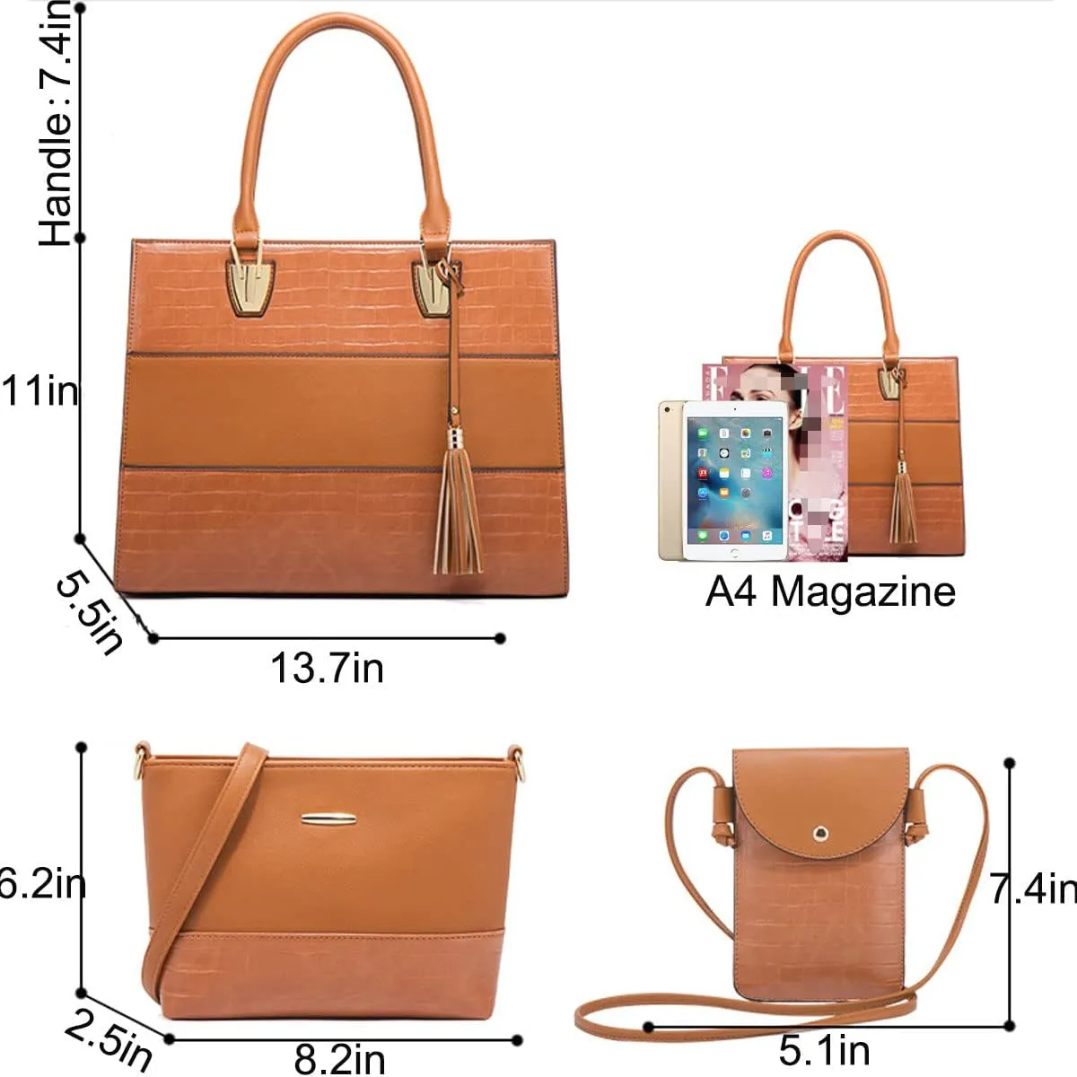 Handbags and Purses for Women Crocodile Pattern Shoulder Bag Tassel Satchel Fashion Top Handle Bag Tote Set 4pcs