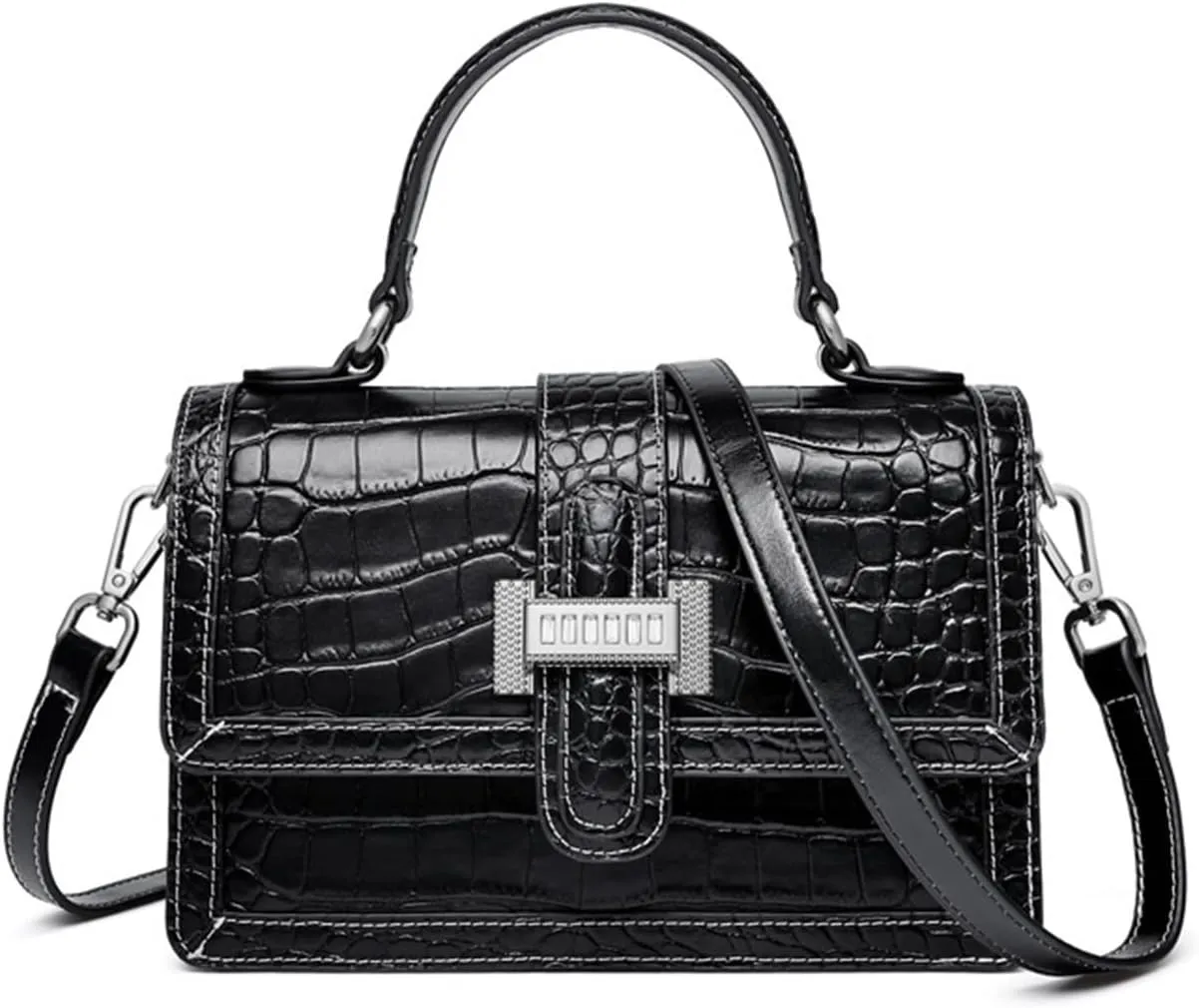 Handbags Ladies Crocodile Pattern Crossbody Bag - Small Cow Leather Handbag for Women(Black)