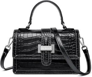 Handbags Ladies Crocodile Pattern Crossbody Bag - Small Cow Leather Handbag for Women(Black)
