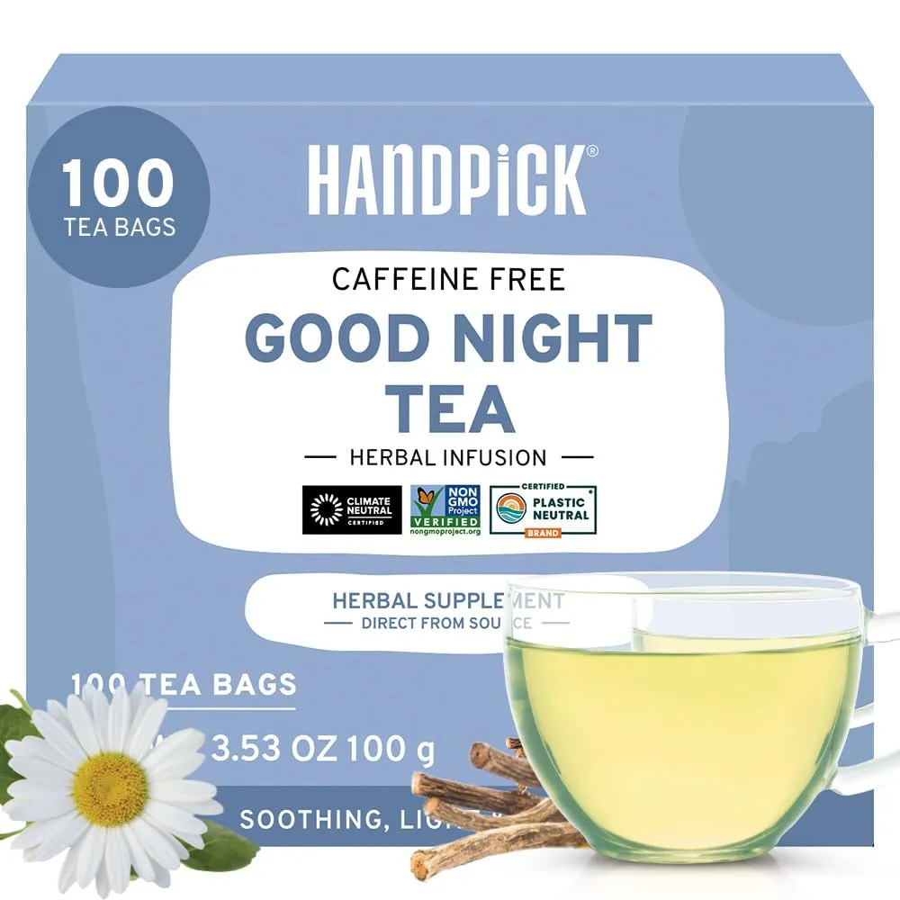 HANDPICK, Good Night Tea Bags (100 Count) Night Time Herbal Tea | Caffeine Free, Gluten Free | Floral Blend - Lavender, Chamomile, Peppermint | Natural Tea, Perfect for Bedtime