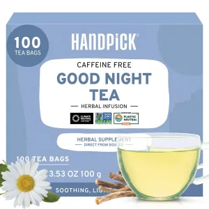 HANDPICK, Good Night Tea Bags (100 Count) Night Time Herbal Tea | Caffeine Free, Gluten Free | Floral Blend - Lavender, Chamomile, Peppermint | Natural Tea, Perfect for Bedtime