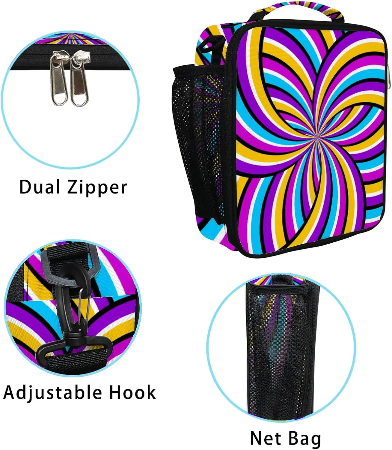 Hapuxt Lunch Box Lunch Bag with Adjustable Shoulder Strap Tote Abstract Striped Motion Illusion Insulated Waterproof Outdoor Work Office Picnic for Women Men