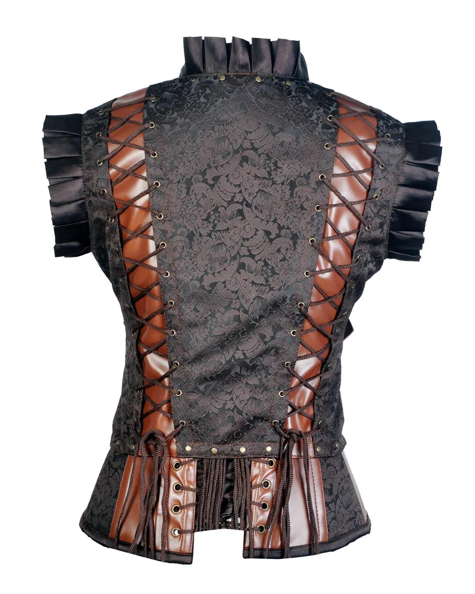 Harry Coffee Brown Brocade & Faux Leather Corset With Jacket