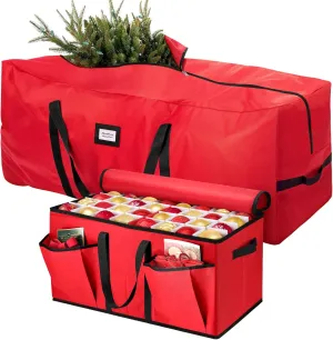 Hatisan 2 Pcs Christmas Tree Storage Bag for 9ft Artificial Trees with Christmas Ornament Storage Box, Sturdy Waterproof Material, Zippered Bag, Stitched Reinforced Carry Handles(Red, 9 ft)