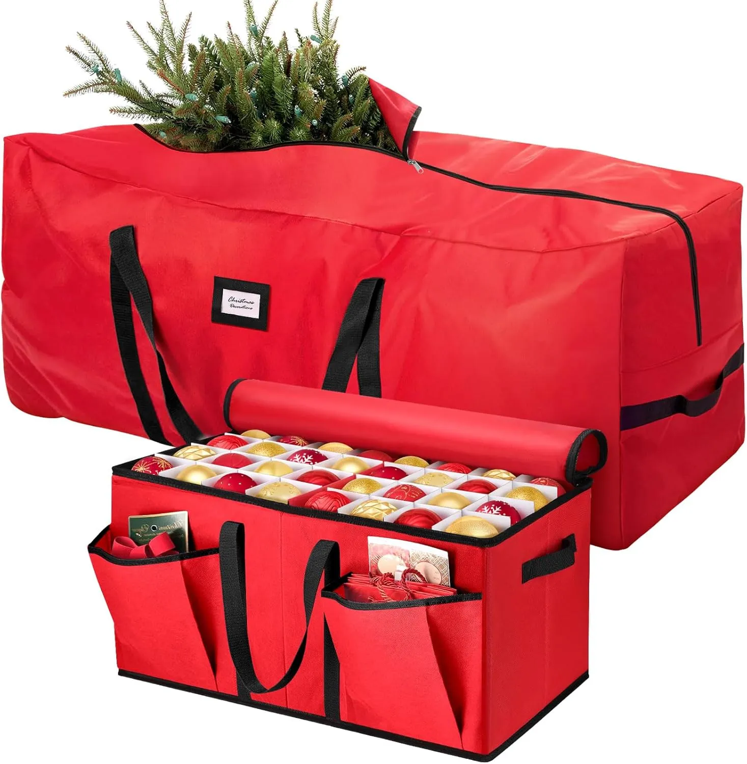 Hatisan 2 Pcs Christmas Tree Storage Bag for 9ft Artificial Trees with Christmas Ornament Storage Box, Sturdy Waterproof Material, Zippered Bag, Stitched Reinforced Carry Handles(Red, 9 ft)