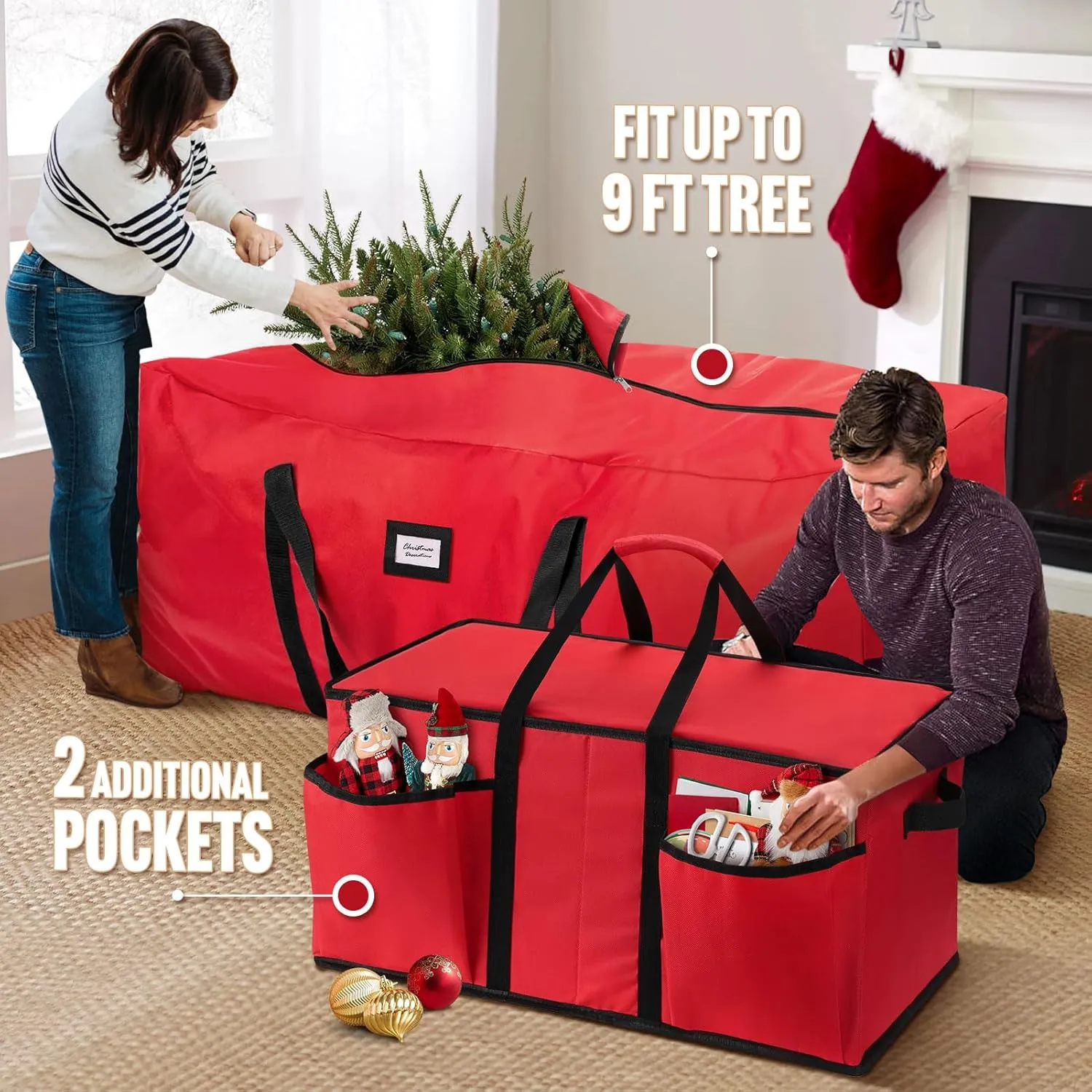 Hatisan 2 Pcs Christmas Tree Storage Bag for 9ft Artificial Trees with Christmas Ornament Storage Box, Sturdy Waterproof Material, Zippered Bag, Stitched Reinforced Carry Handles(Red, 9 ft)