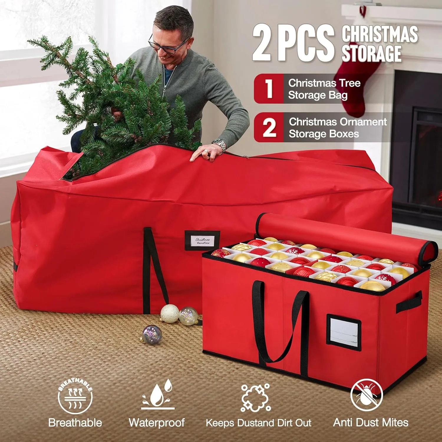Hatisan 2 Pcs Christmas Tree Storage Bag for 9ft Artificial Trees with Christmas Ornament Storage Box, Sturdy Waterproof Material, Zippered Bag, Stitched Reinforced Carry Handles(Red, 9 ft)