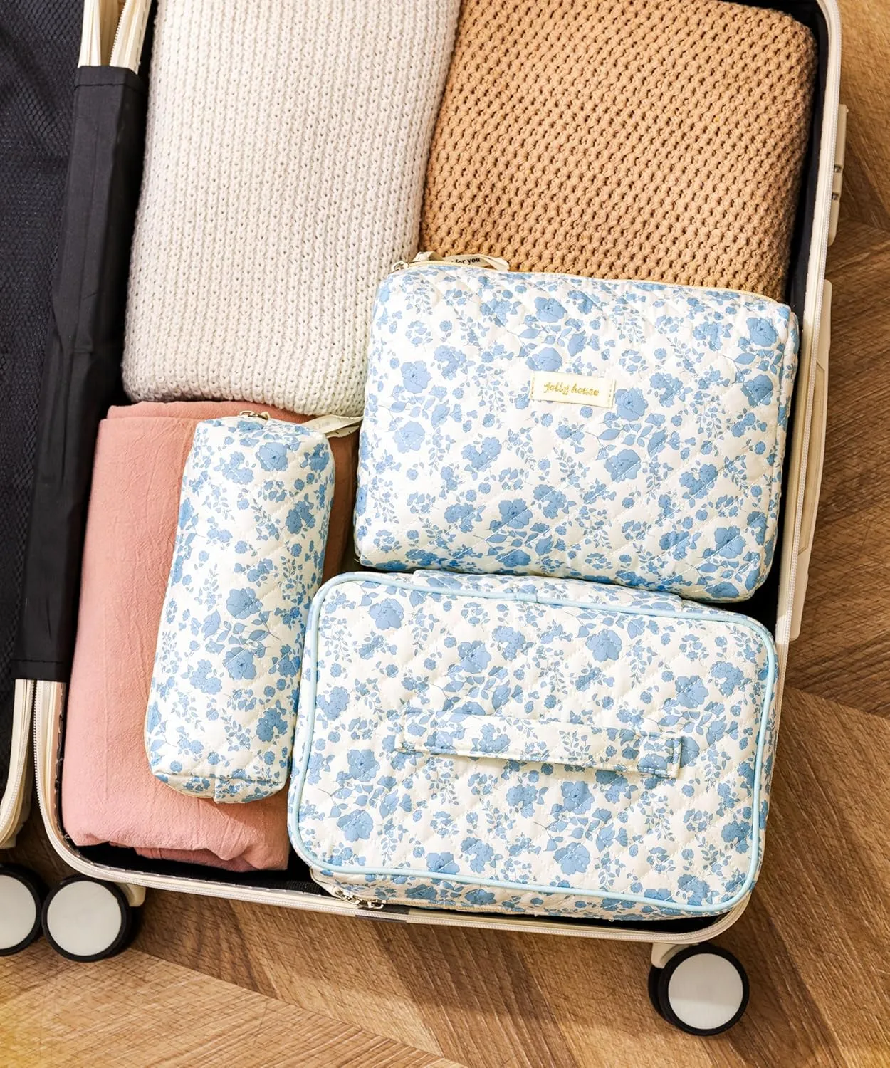 HBselect Quilted Makeup Bag, 3PCS Cotton Large Travel Makeup Bag, Cute Floral Coquette Make up Bag Cosmetic Bag Toiletry Bag for Women Girls