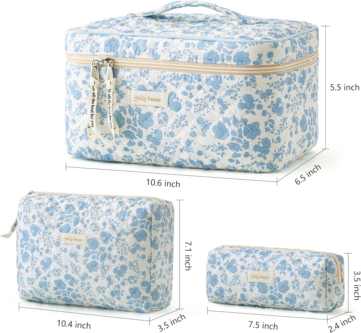 HBselect Quilted Makeup Bag, 3PCS Cotton Large Travel Makeup Bag, Cute Floral Coquette Make up Bag Cosmetic Bag Toiletry Bag for Women Girls