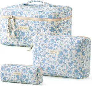 HBselect Quilted Makeup Bag, 3PCS Cotton Large Travel Makeup Bag, Cute Floral Coquette Make up Bag Cosmetic Bag Toiletry Bag for Women Girls