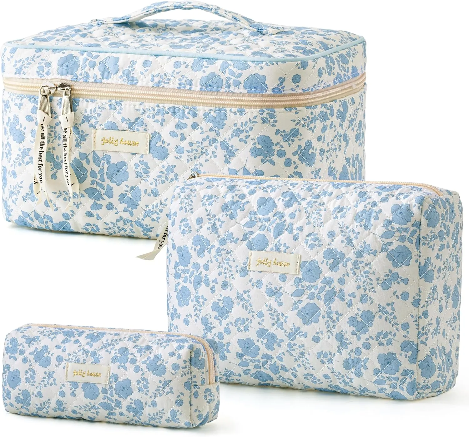 HBselect Quilted Makeup Bag, 3PCS Cotton Large Travel Makeup Bag, Cute Floral Coquette Make up Bag Cosmetic Bag Toiletry Bag for Women Girls