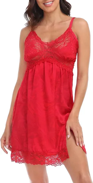HDE Lace Trim Satin Slip Dress Babydoll Chemise Nightgown Slit Cami Sleep Dress