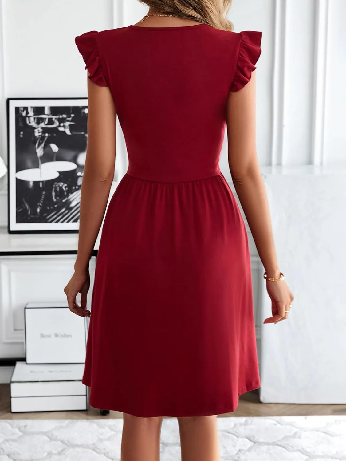 HELYO Women's Summer Dresses Cute V Neck Ruffle Sleeve Cocktail Short Work Casual Dress with Pockets 648
