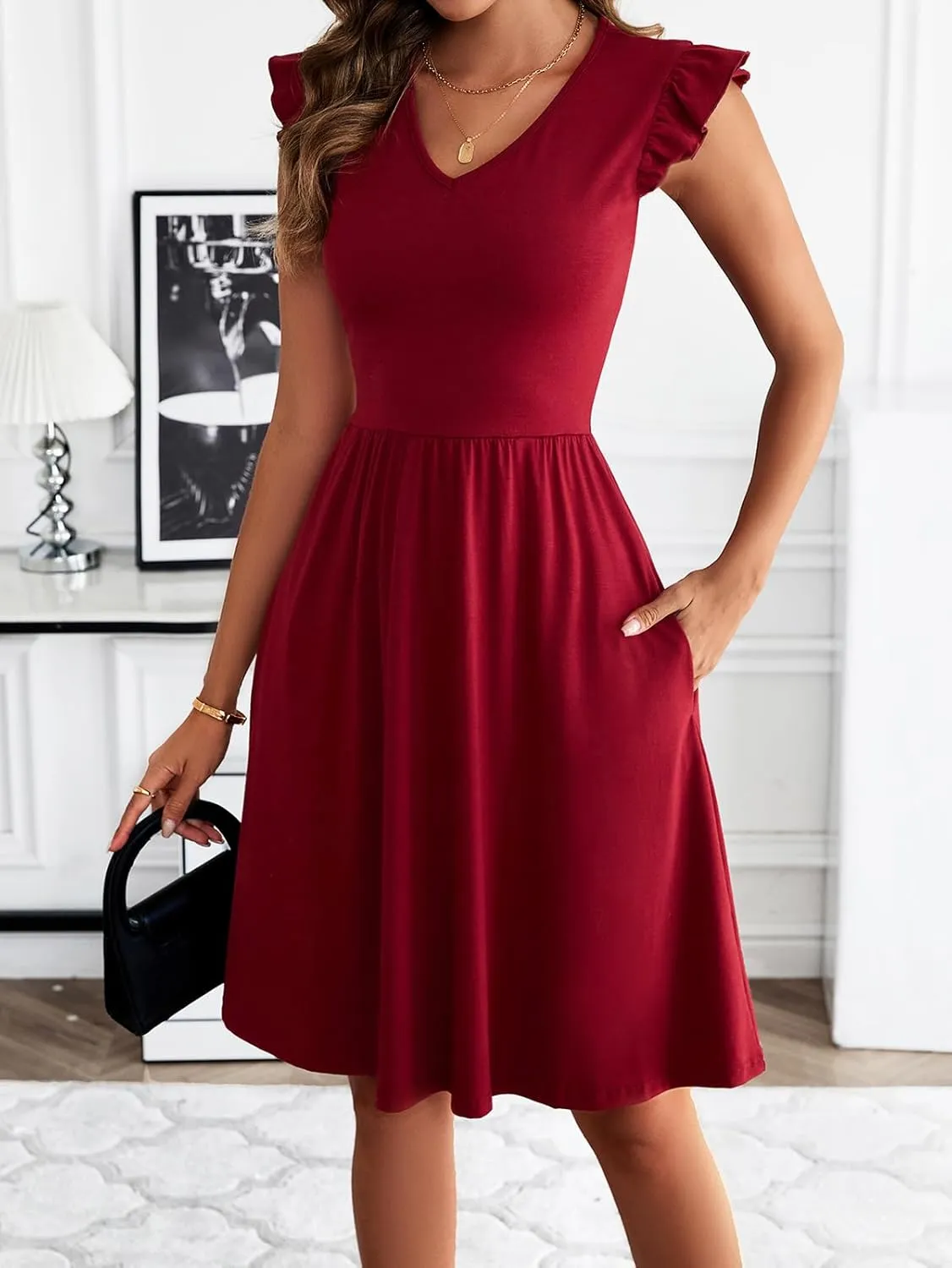 HELYO Women's Summer Dresses Cute V Neck Ruffle Sleeve Cocktail Short Work Casual Dress with Pockets 648