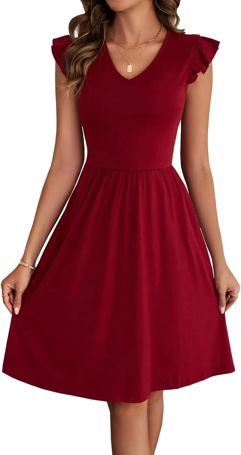 HELYO Women's Summer Dresses Cute V Neck Ruffle Sleeve Cocktail Short Work Casual Dress with Pockets 648