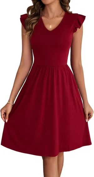 HELYO Women's Summer Dresses Cute V Neck Ruffle Sleeve Cocktail Short Work Casual Dress with Pockets 648