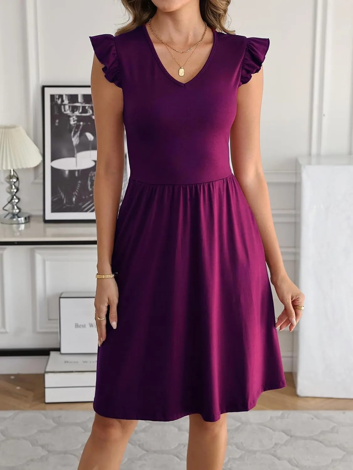 HELYO Women's Summer Dresses Cute V Neck Ruffle Sleeve Cocktail Short Work Casual Dress with Pockets 648