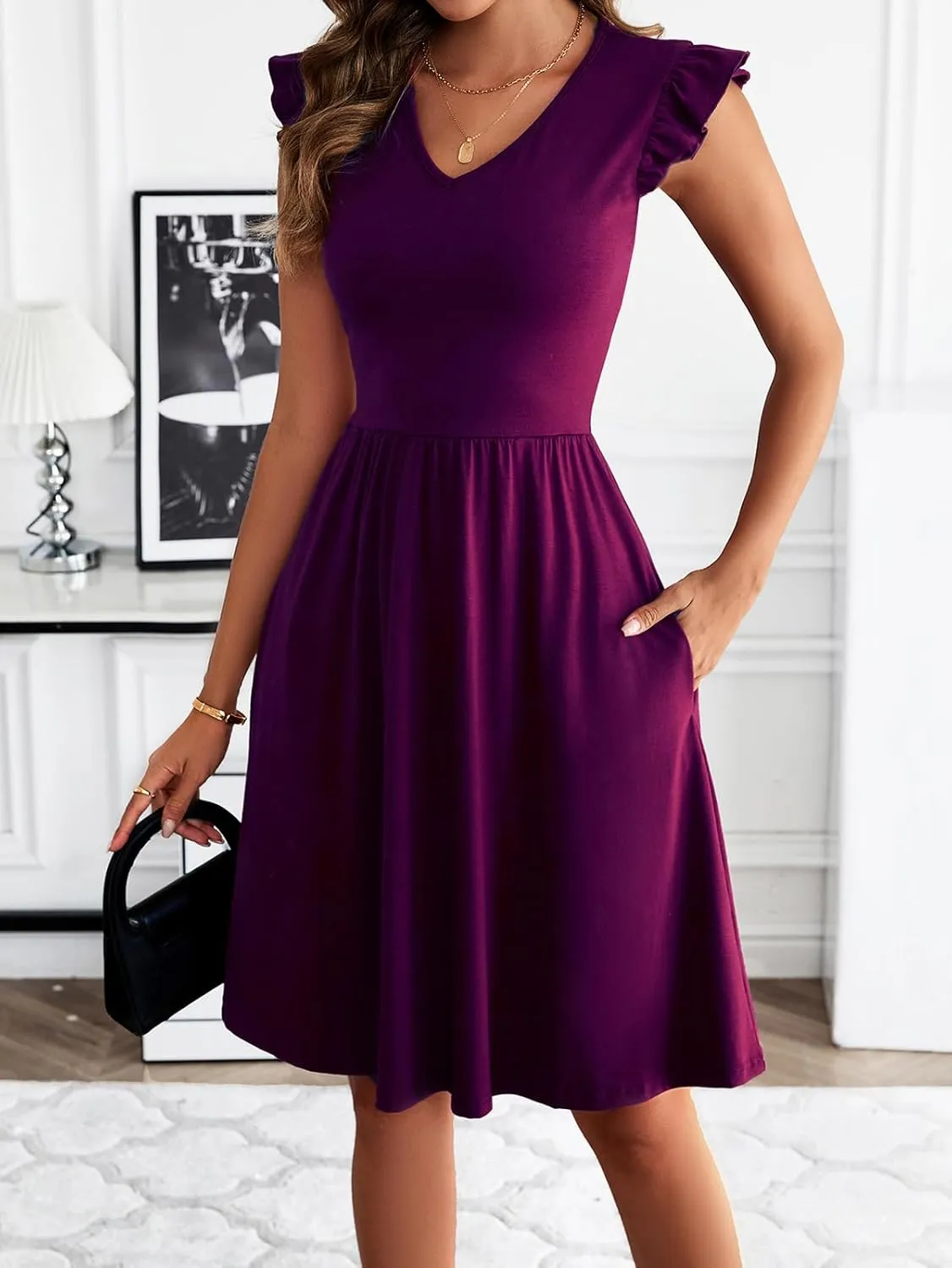 HELYO Women's Summer Dresses Cute V Neck Ruffle Sleeve Cocktail Short Work Casual Dress with Pockets 648
