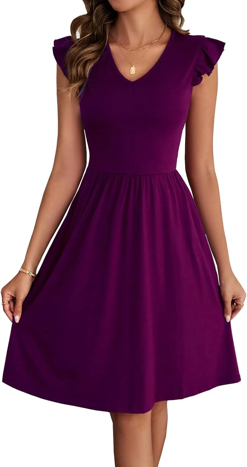 HELYO Women's Summer Dresses Cute V Neck Ruffle Sleeve Cocktail Short Work Casual Dress with Pockets 648