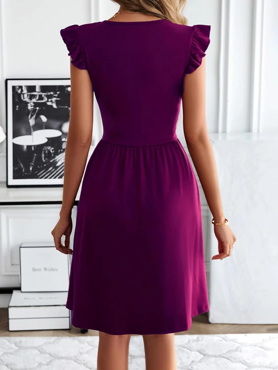 HELYO Women's Summer Dresses Cute V Neck Ruffle Sleeve Cocktail Short Work Casual Dress with Pockets 648