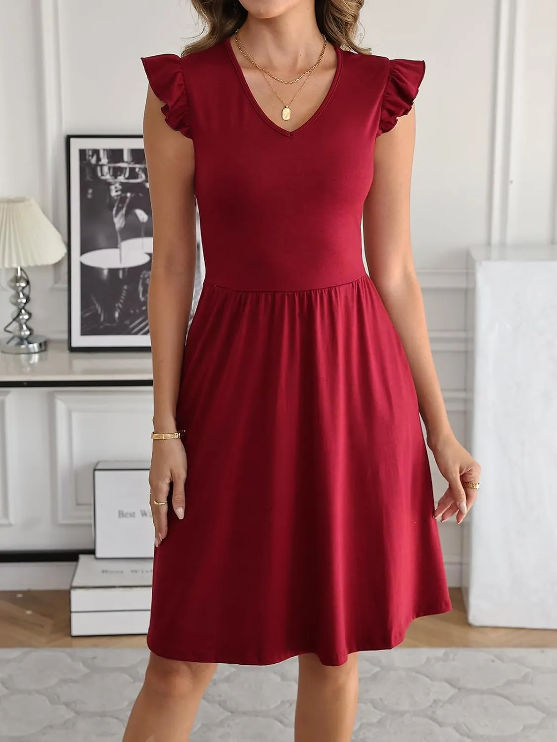 HELYO Women's Summer Dresses Cute V Neck Ruffle Sleeve Cocktail Short Work Casual Dress with Pockets 648